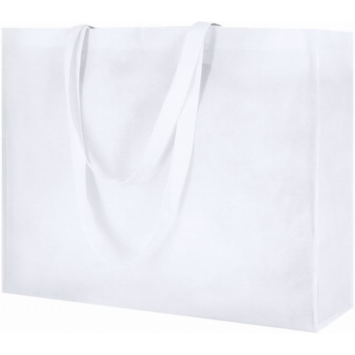 A white tote bag with dual handles, featuring a simple design and a spacious interior.