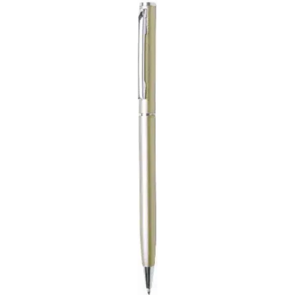 A pen with a silver barrel and chrome accents, featuring a classic design and a clip.