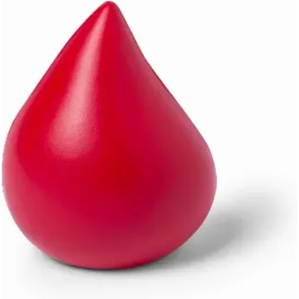 A red, teardrop-shaped promotional product featuring a smooth surface and a glossy finish. It includes a logo.