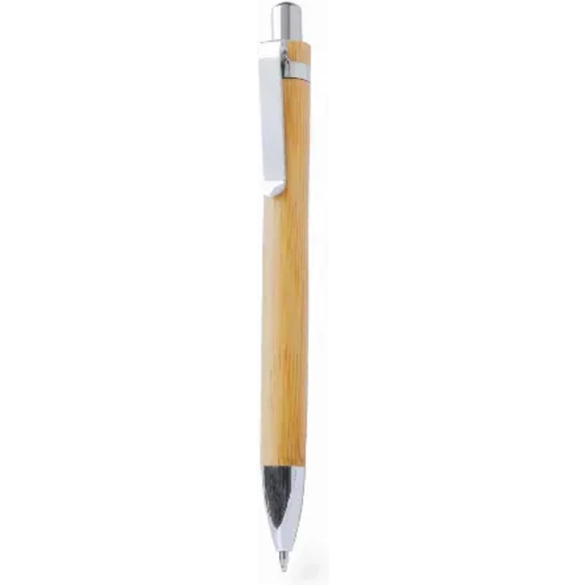 A bamboo pen with a chrome tip and clip, featuring a sleek design. It has a natural wood finish.