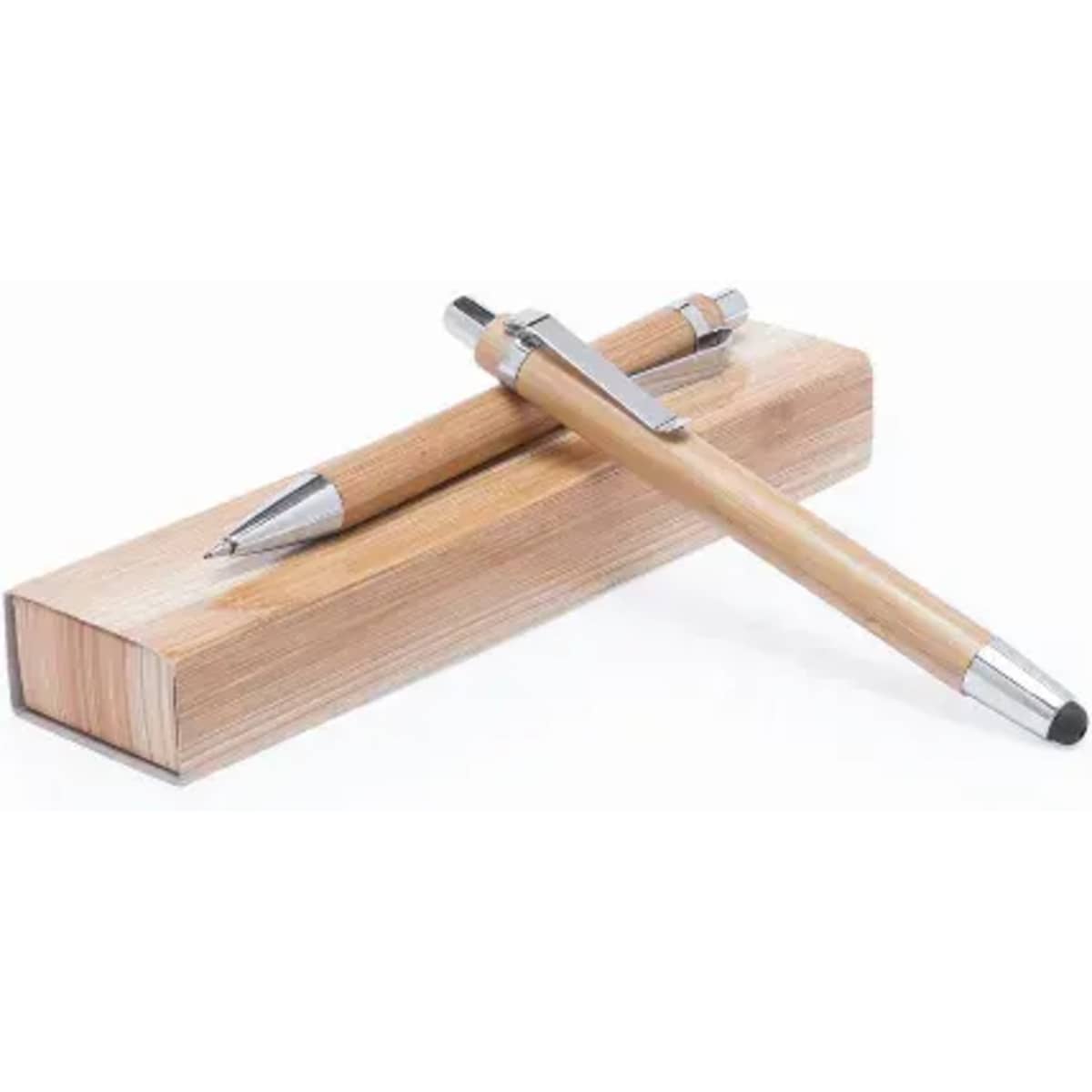 A wooden pen and pencil set resting on a wooden holder, featuring silver accents and a natural finish.
