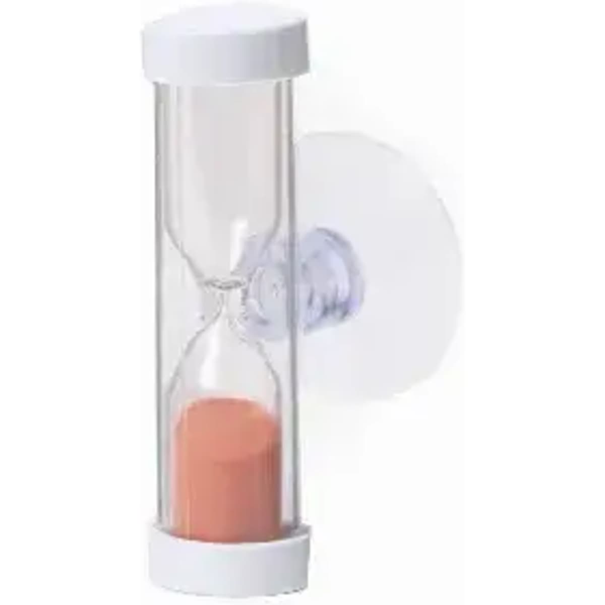 An hourglass timer with a clear body and white ends, featuring pink sand inside.