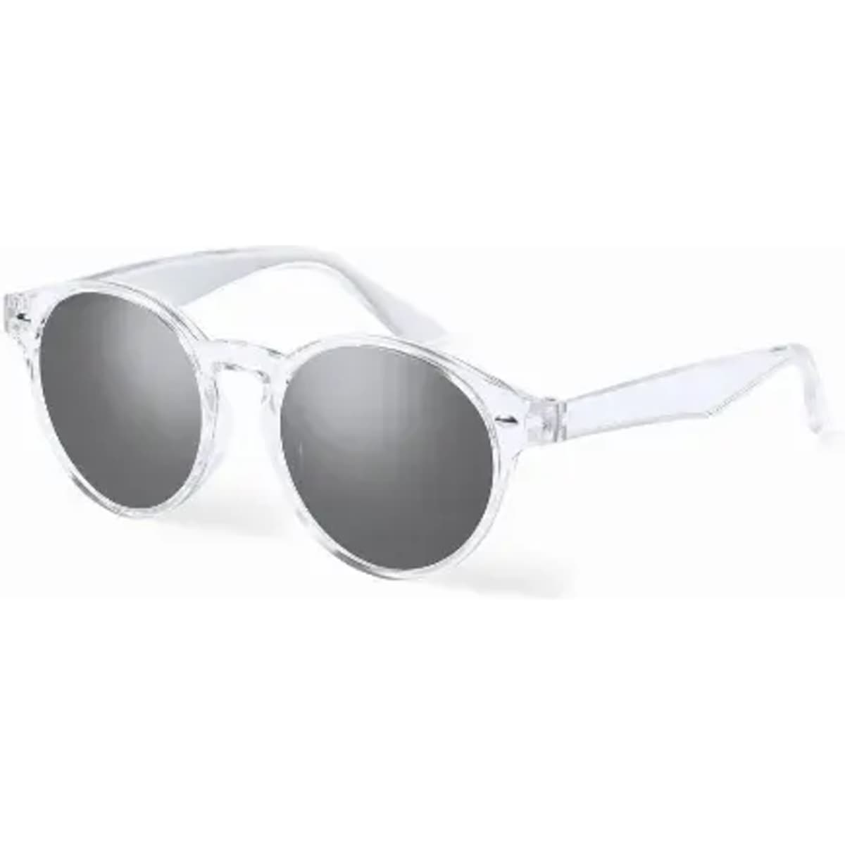 Transparent sunglasses with grey tinted lenses and clear frames.