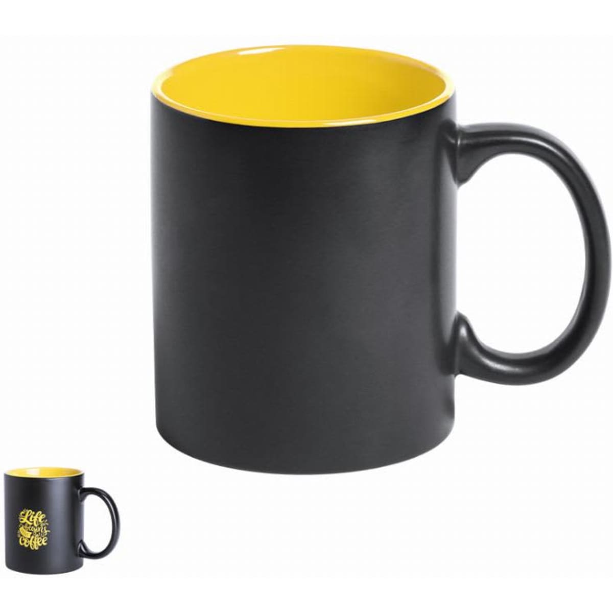 A drink bottle with a matte black exterior and a bright yellow interior, featuring a handle and branding.