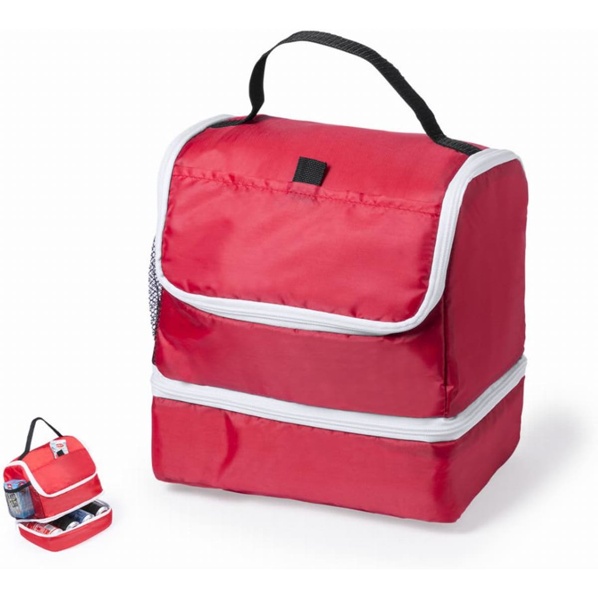 A red insulated lunch bag with a top handle and dual zip compartments. Includes a smaller version in the corner.