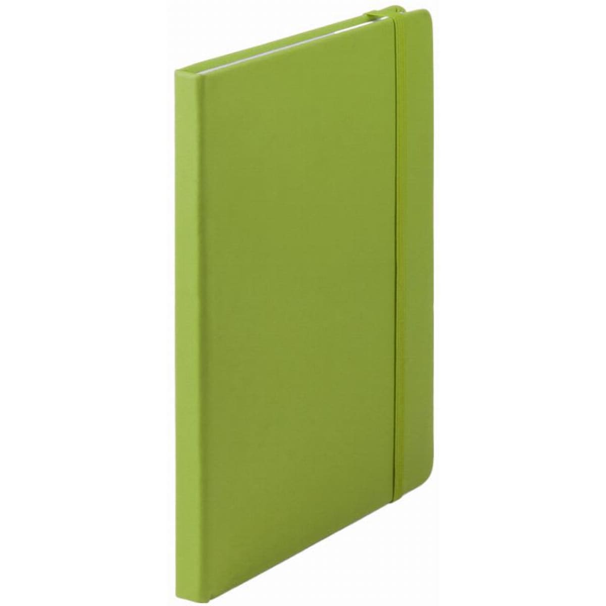 A green notebook with a smooth cover and an elastic band closure, featuring a minimalist design.