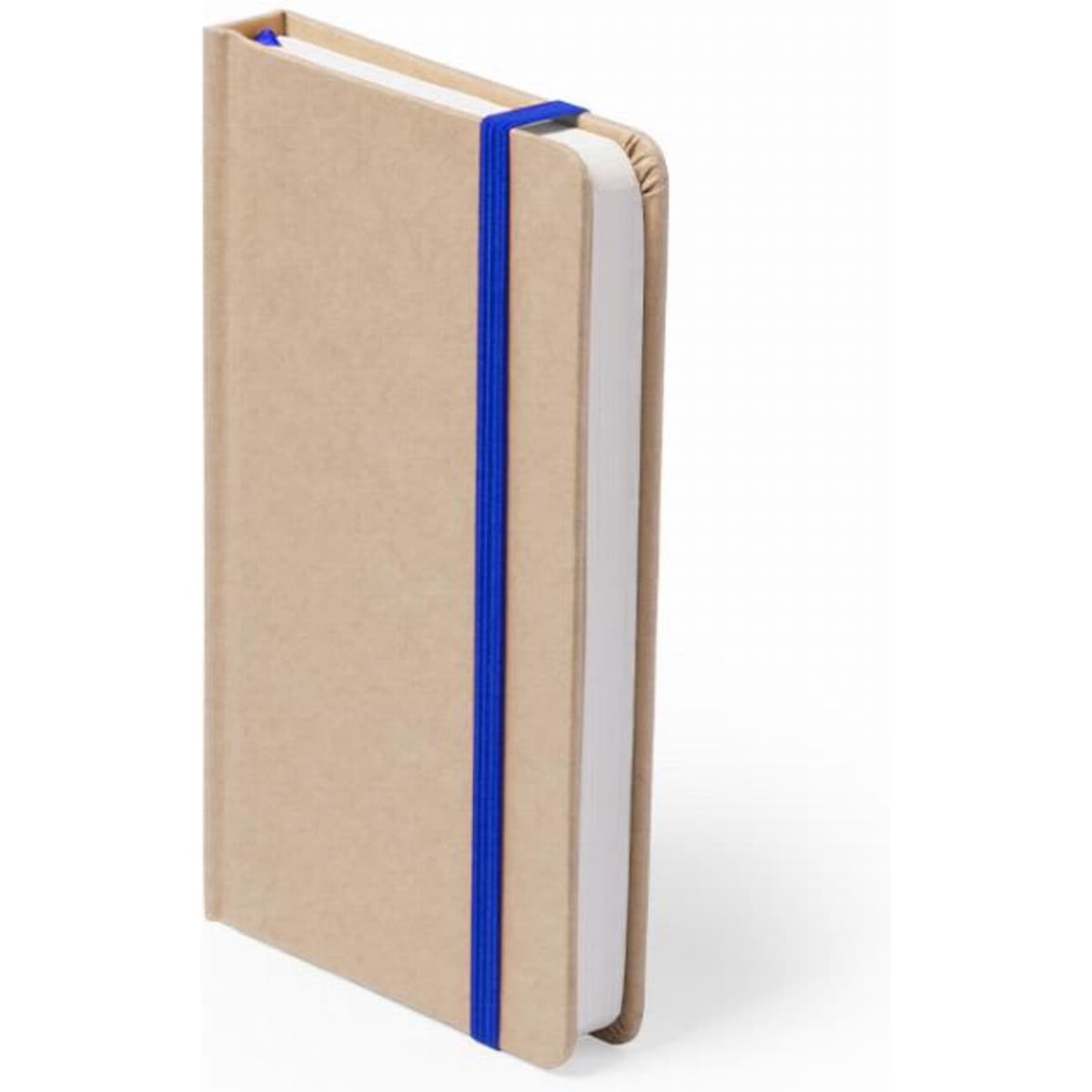 A notebook with a kraft brown cover, closed with a blue elastic band, featuring blank pages.