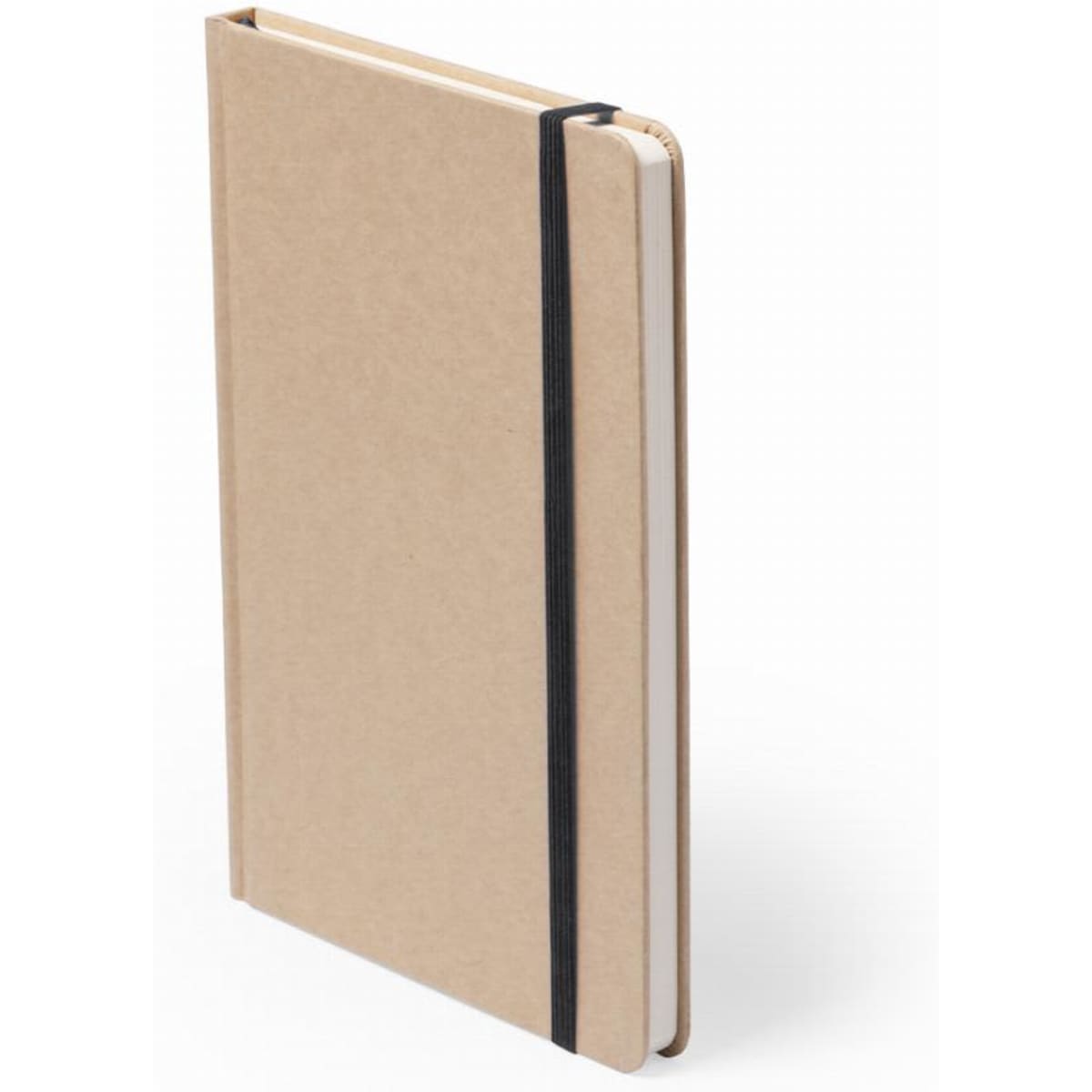 A notebook with a kraft paper cover and a black elastic band, featuring blank pages inside.