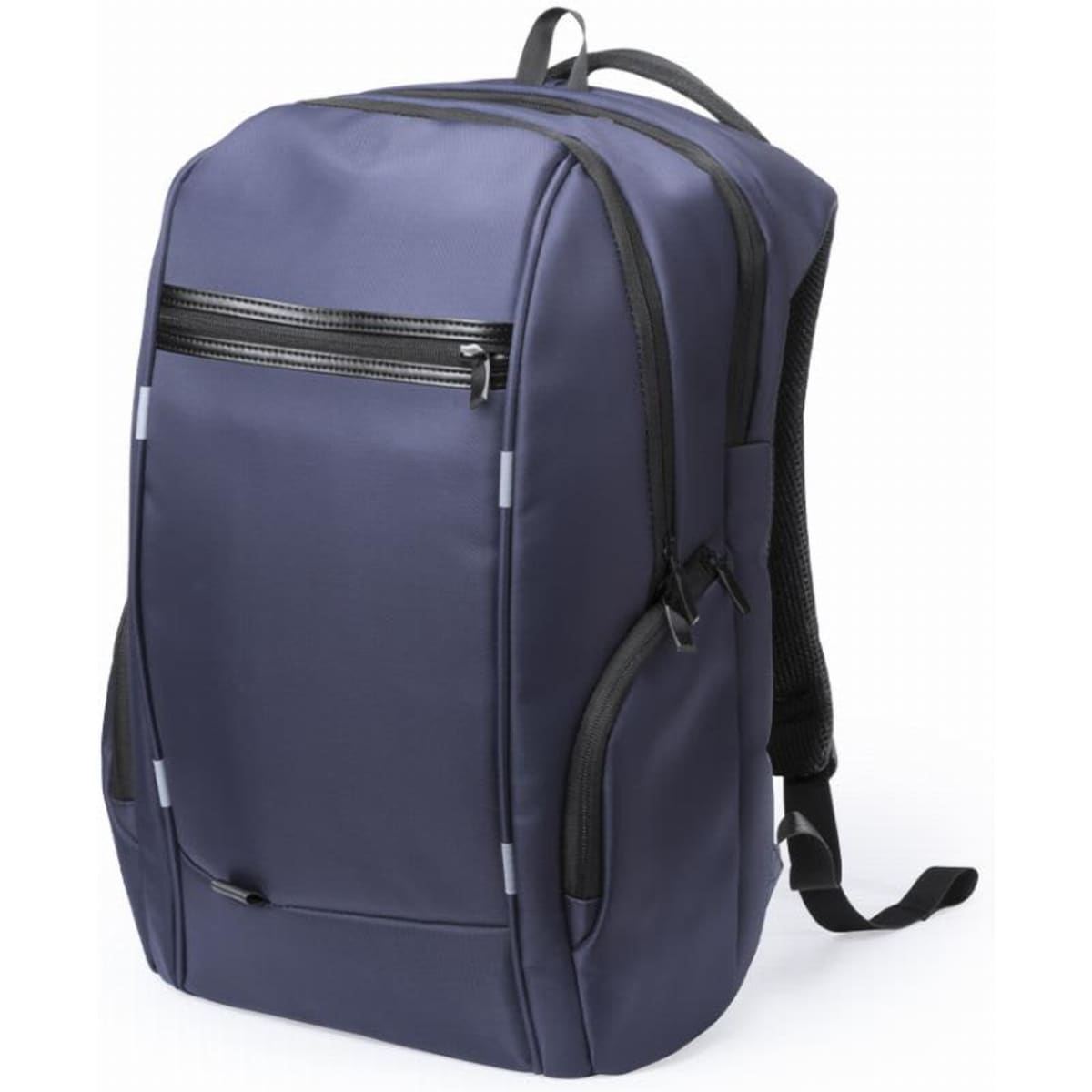 A backpack in navy blue with a zippered front pocket and adjustable straps. It features a logo on the side.