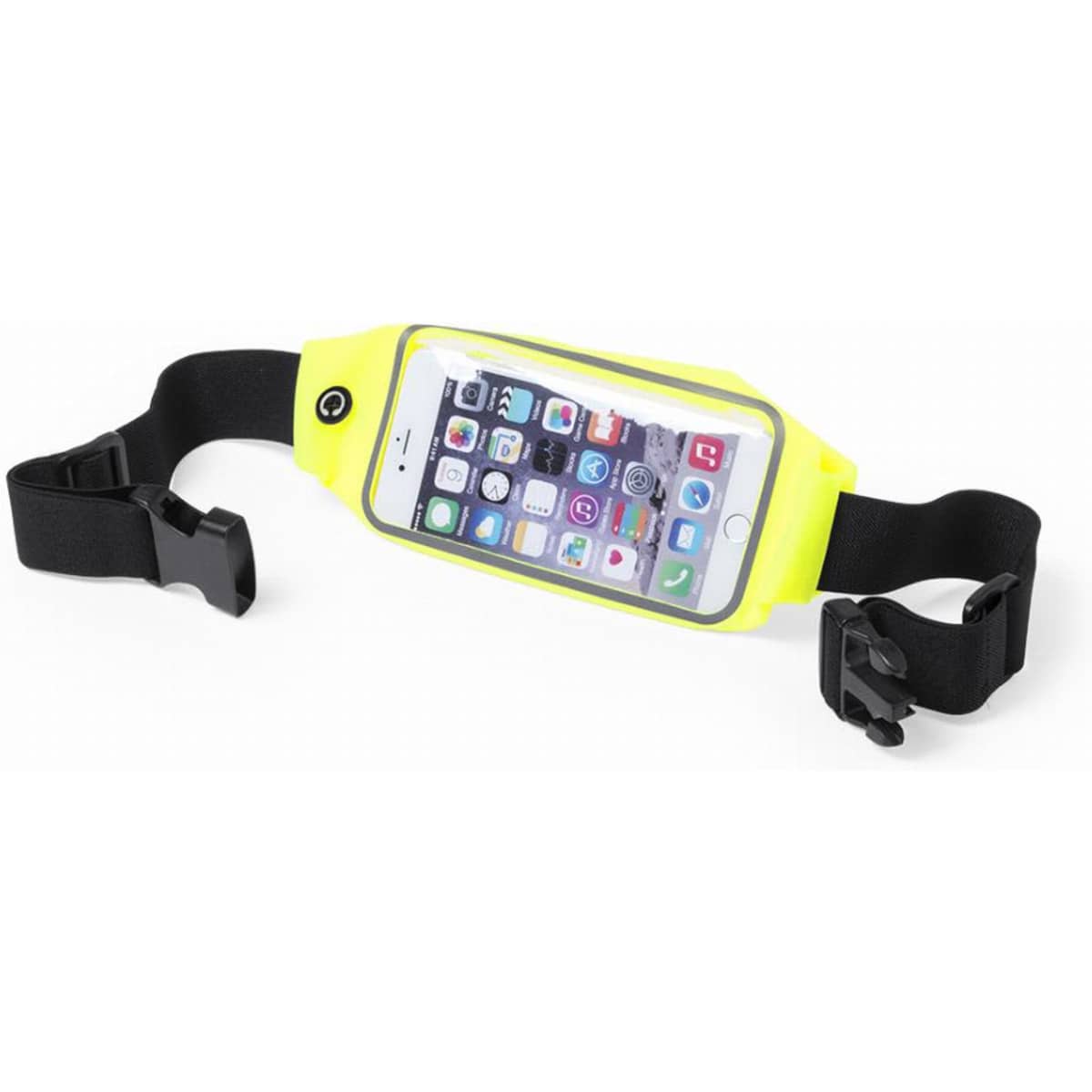 A phone armband in bright yellow with a clear protective cover for smartphone visibility and access.