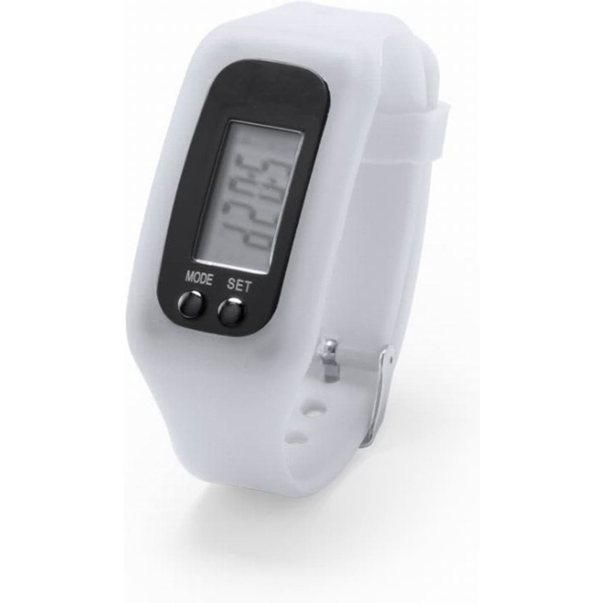 A digital watch with a white silicone strap and a black face featuring a display and two buttons.