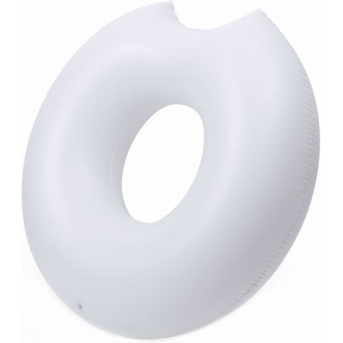 A white inflatable donut-shaped float with a central hole and smooth surface.