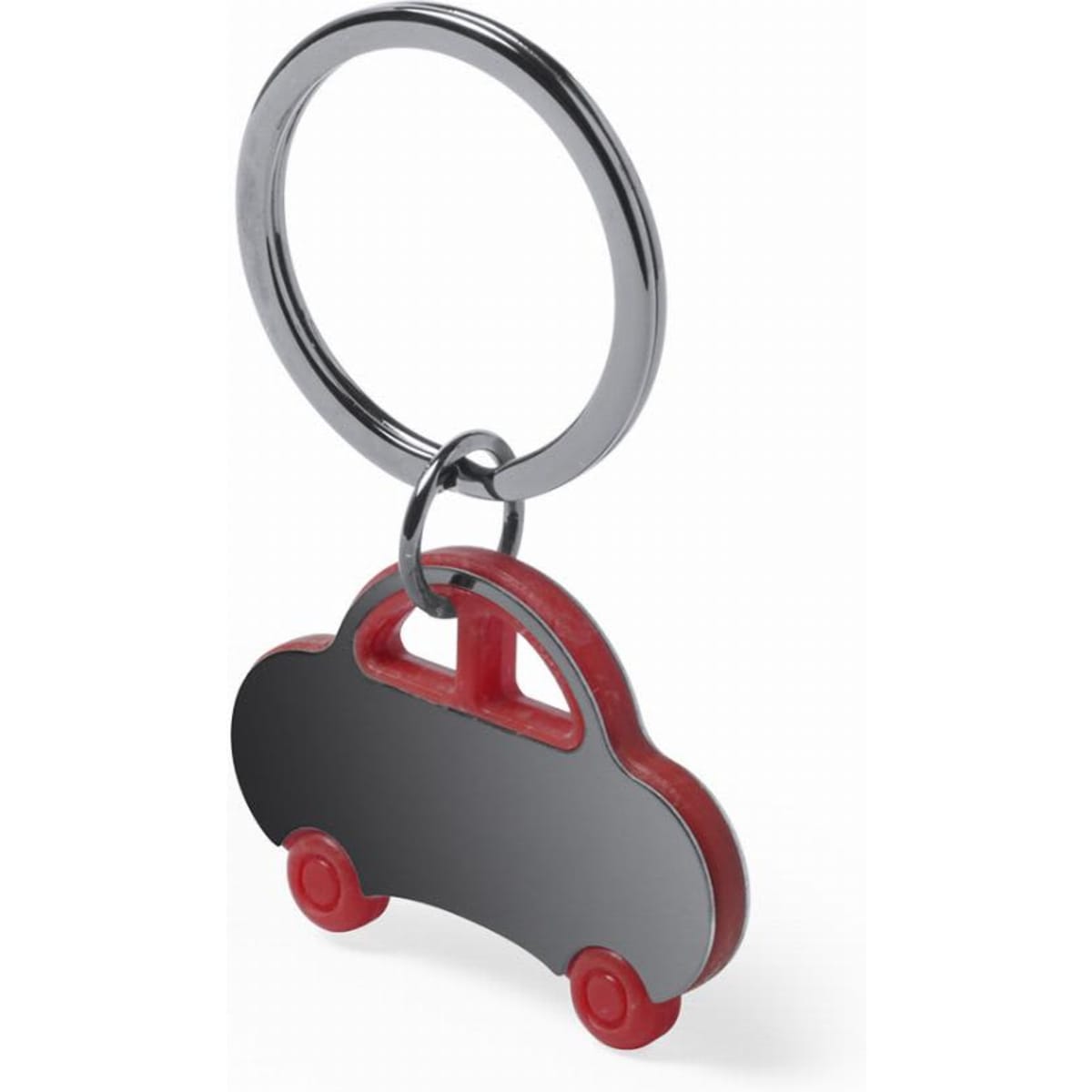 A keyring shaped like a car, featuring a silver metal body and red wheels. It includes a chrome keyring attachment.