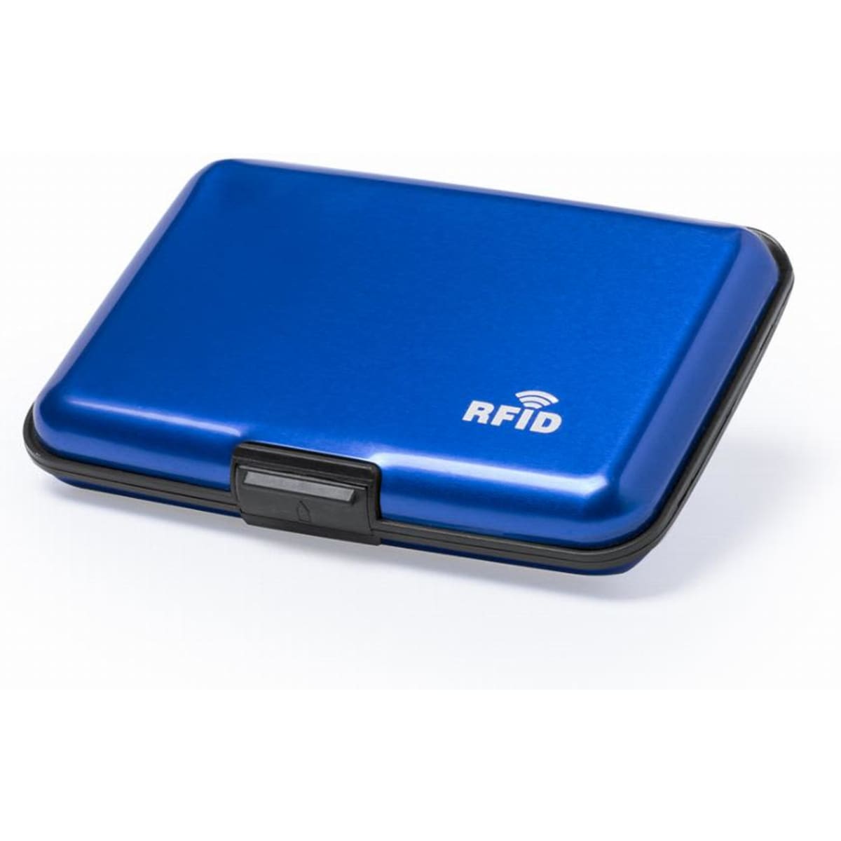 A blue RFID blocking card holder with a sleek design and a secure clasp. It features a branding logo on the front.