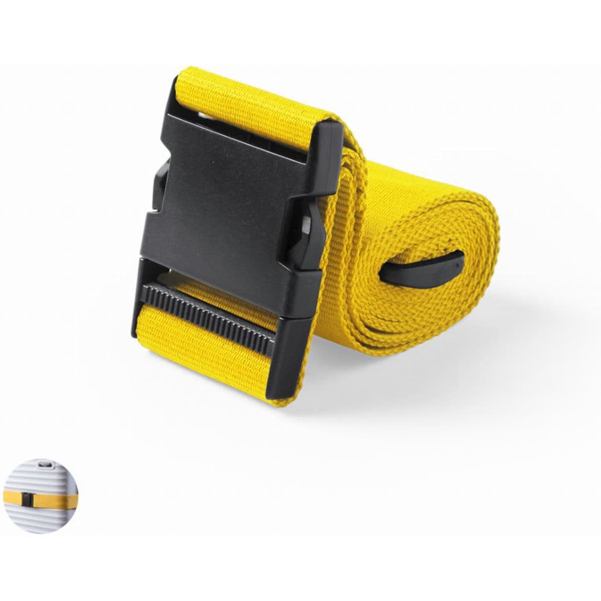 A yellow strap with a black buckle, rolled up neatly. The product features a branding logo on the buckle.