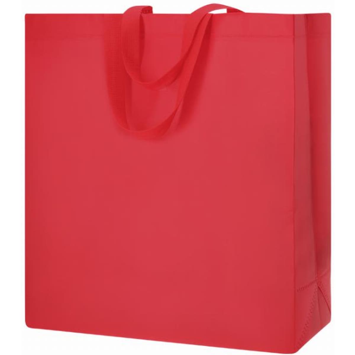 A red tote bag with sturdy handles, made from a durable material, featuring a simple design.