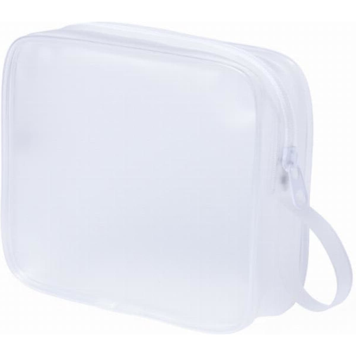 A transparent white zippered pouch with a handle, ideal for storage or organisation of items.