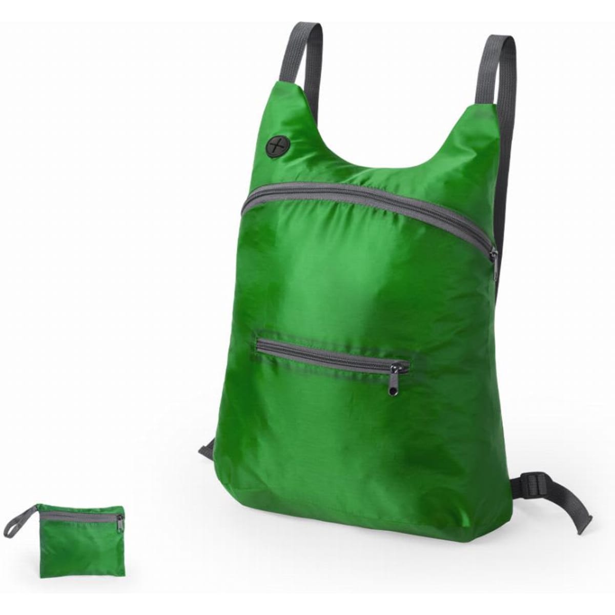 A green backpack with adjustable straps and a front zip pocket, accompanied by a matching small pouch.