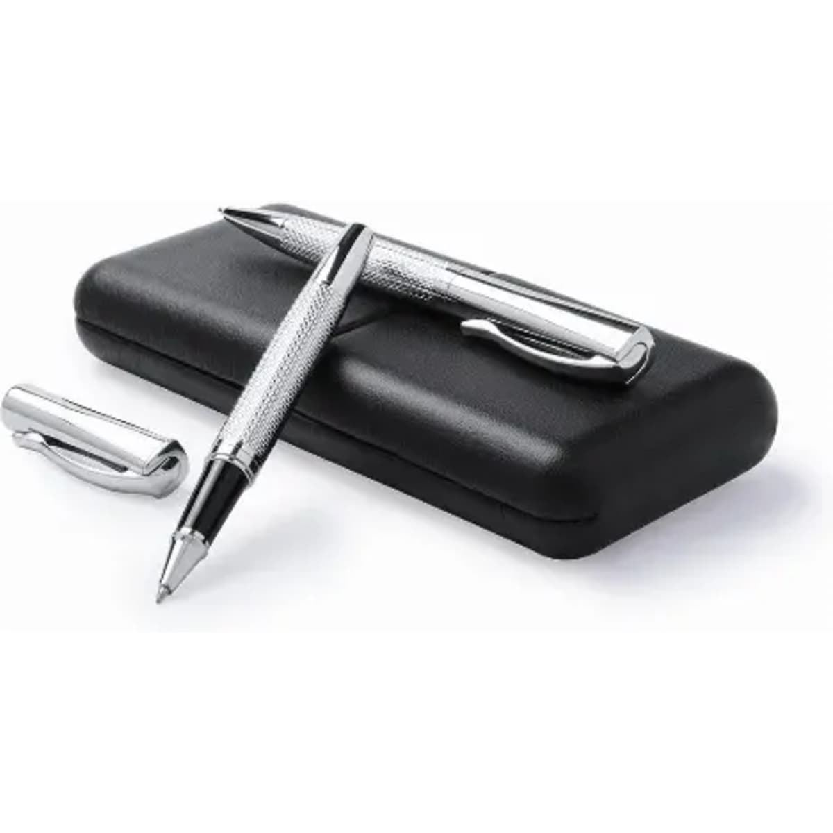A black pen case holds two silver pens with sleek designs, one capped and one uncapped.