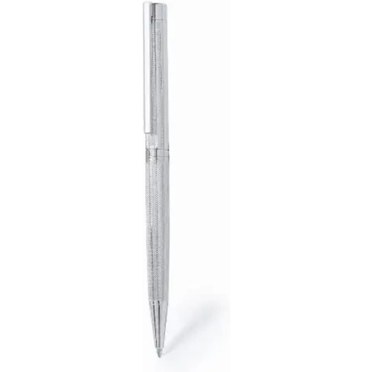 A silver pen with a sleek design and a textured barrel, featuring a clip and a retractable point.