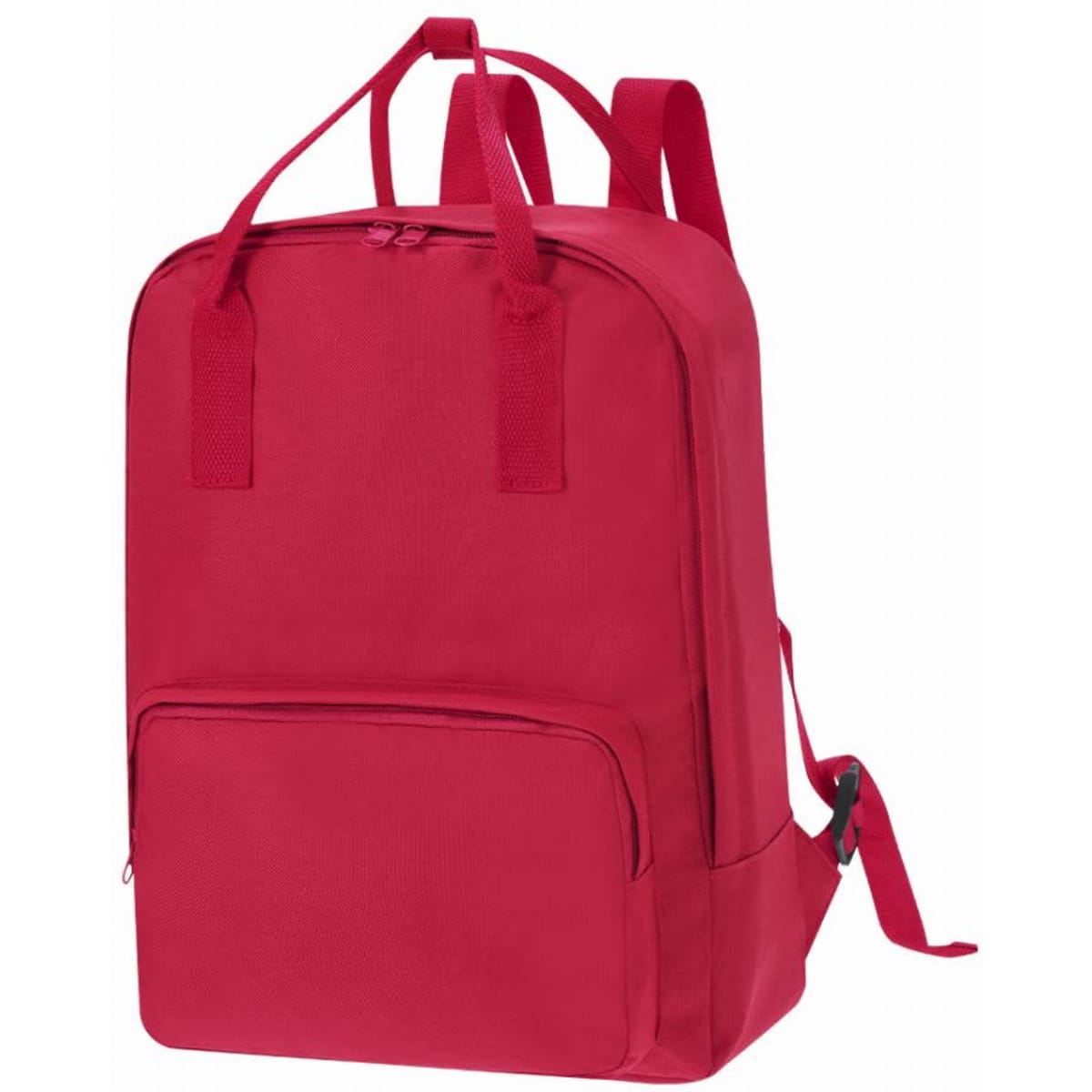 A red backpack with adjustable straps and a front zippered pocket. It features a simple and functional design.