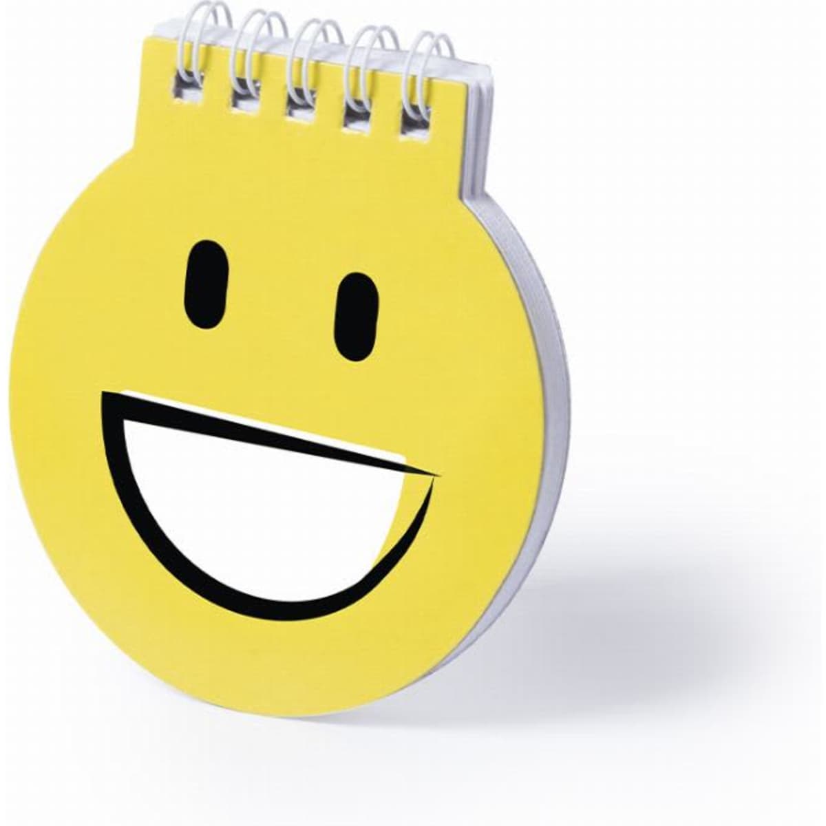 A yellow, circular notepad featuring a smiling face and a spiral binding at the top.