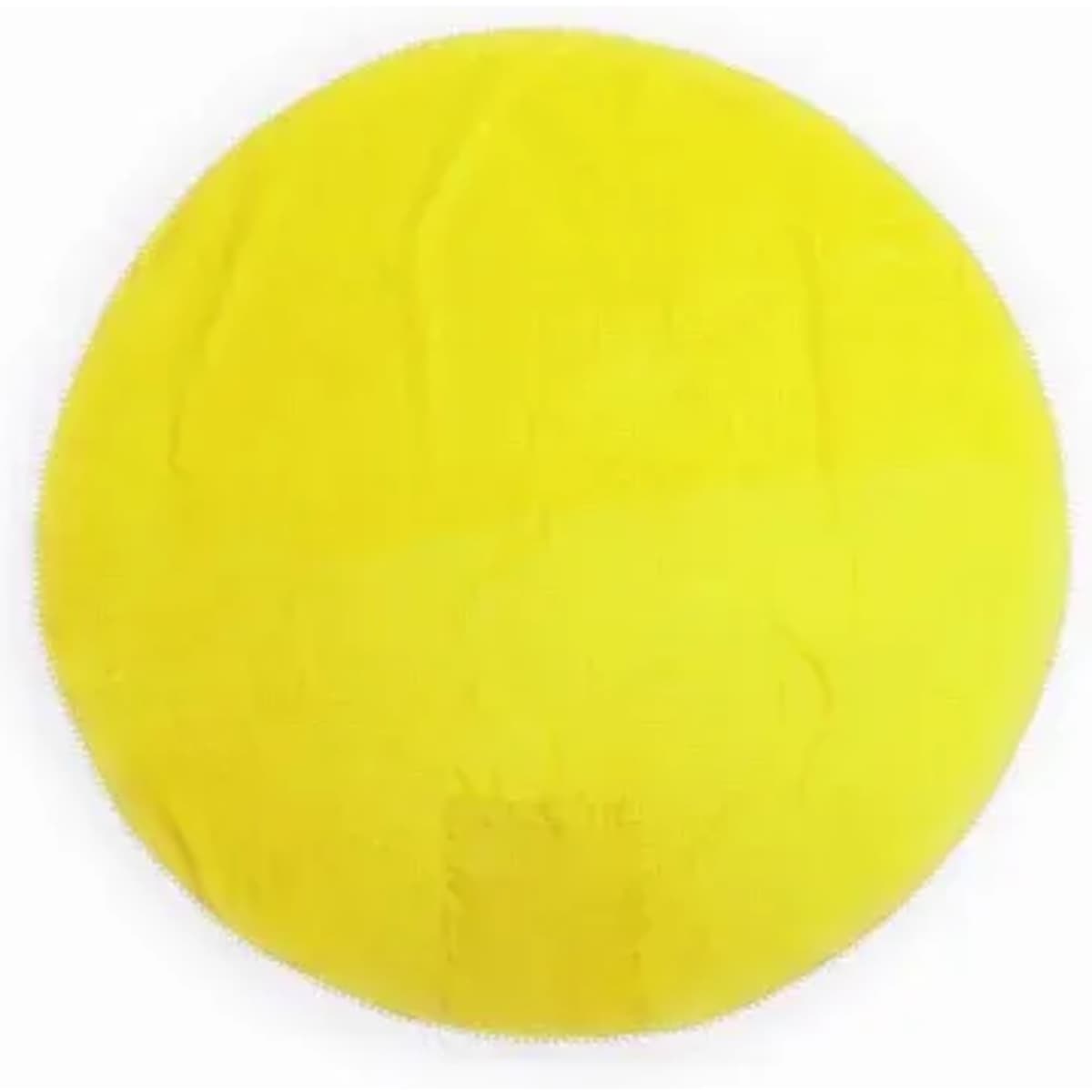 A round, bright yellow product with a smooth texture, featuring a centre logo.