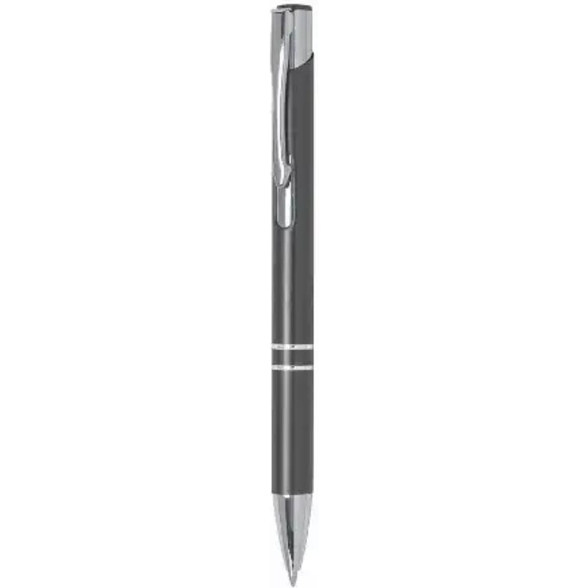 A black pen with a sleek design and chrome accents, featuring a clip and a shiny tip.