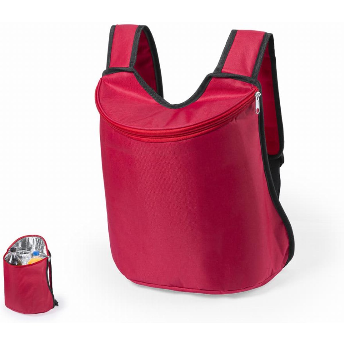 A red backpack with a zippered compartment, featuring black accents. It includes a small folded version beside it.