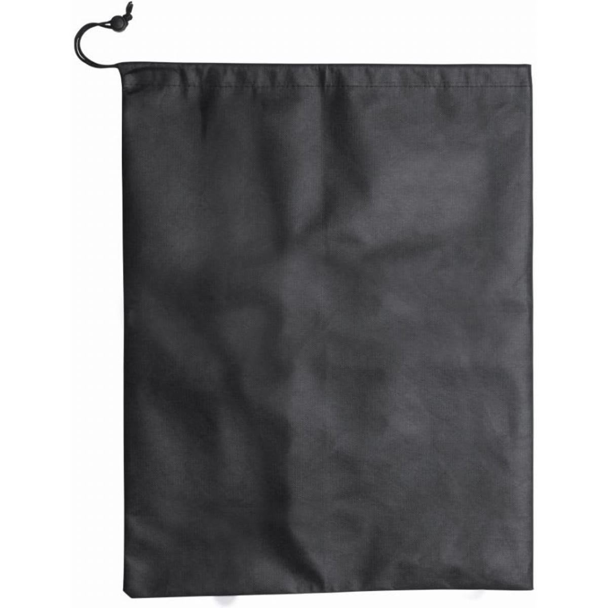 A black drawstring bag with a textured surface, featuring a cinch closure at the top.