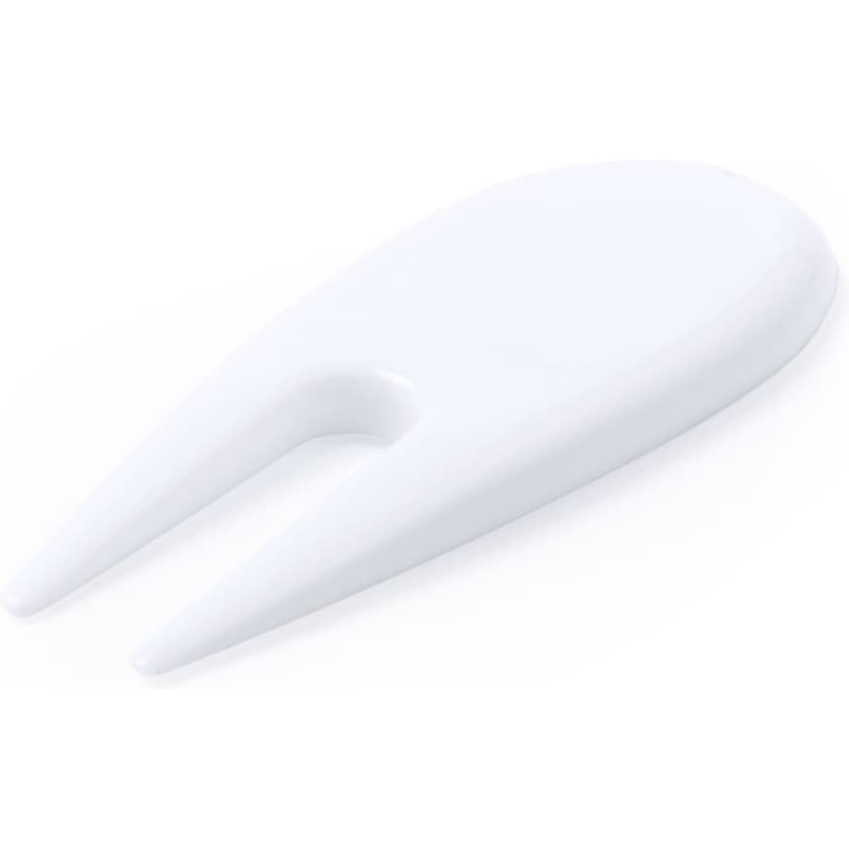 A white plastic item with two pointed ends, resembling a fork or tool. Suitable for a variety of uses.