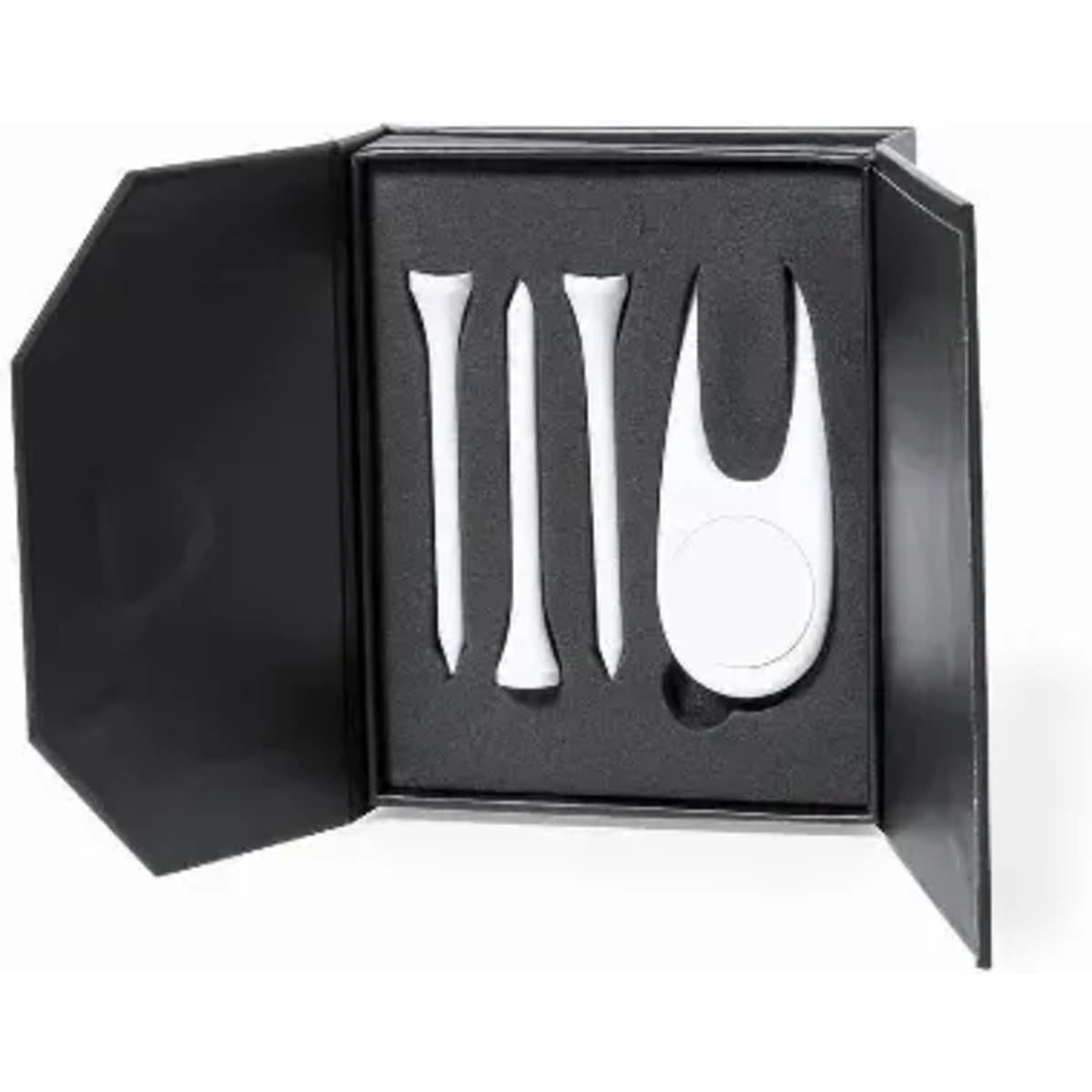 A golf accessory set including three white tees and a divot tool, presented in a black box with foam padding.