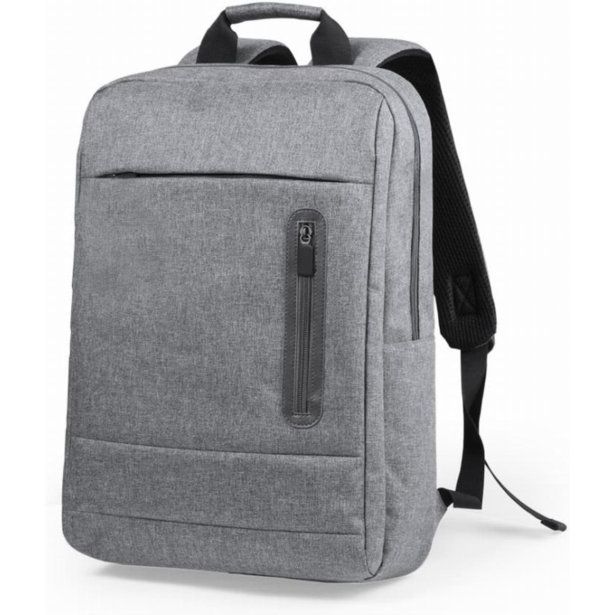 A grey backpack with a front zip pocket, adjustable straps, and a sleek, minimalist design. It has a logo on the front.
