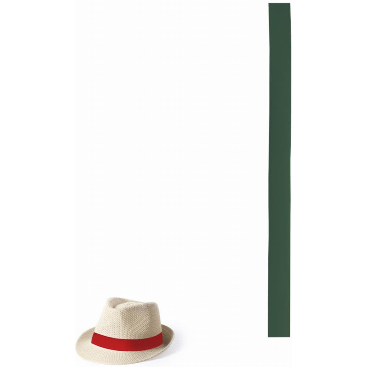 A straw hat with a red band, placed beside a vertical green strip. The background is plain and white.