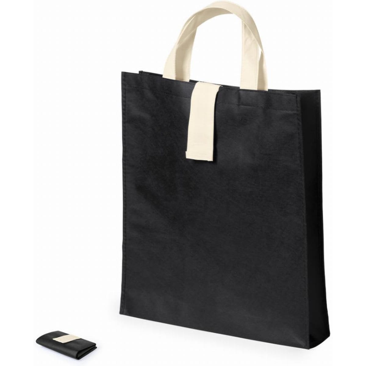 A black tote bag with cream handles and a smaller black pouch. The tote has a simple design and features a logo.