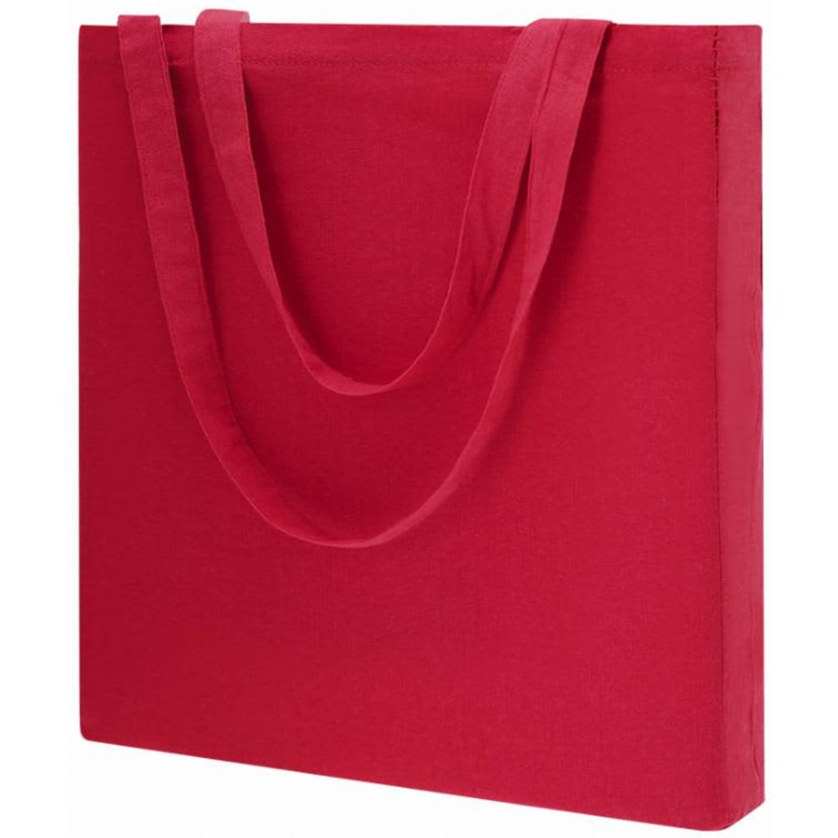 A tote bag in bright red with dual handles, made from sturdy fabric. It has a simple, minimalist design.