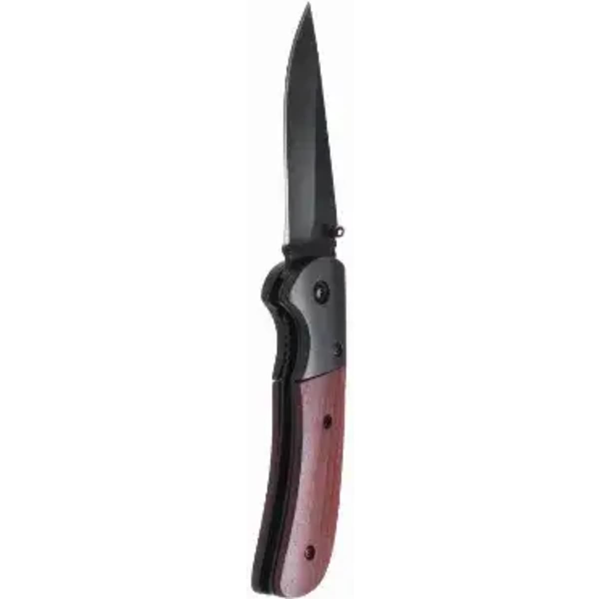 A folding knife with a black blade and a wooden handle. It features a sleek design and a safety lock.
