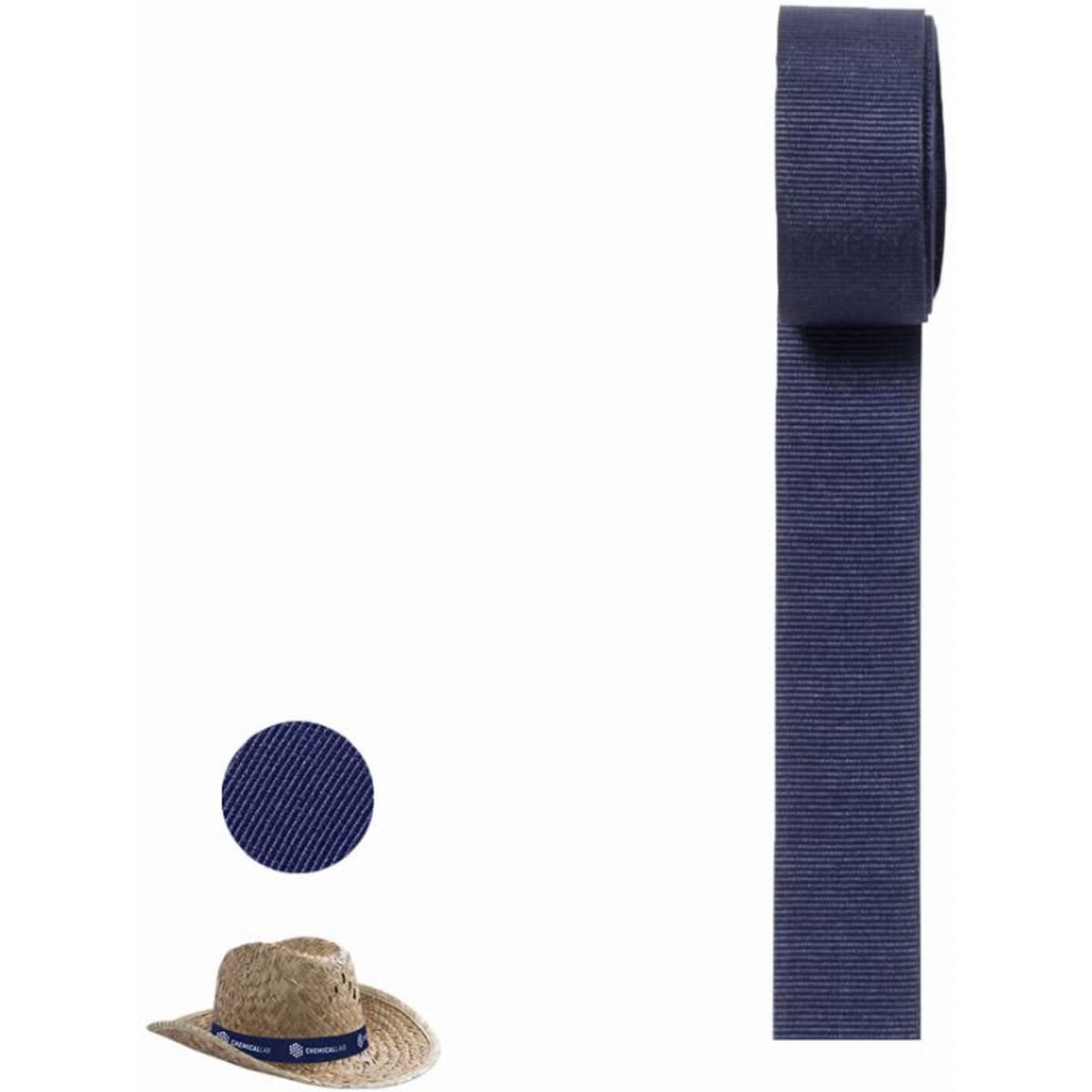 A roll of navy blue polyester band alongside a straw hat featuring a matching band.