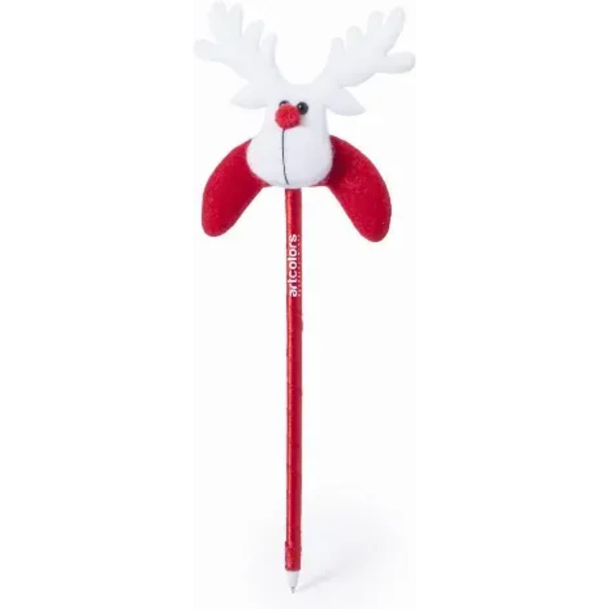 A red and white reindeer-themed pen featuring a plush head with antlers and a red nose.