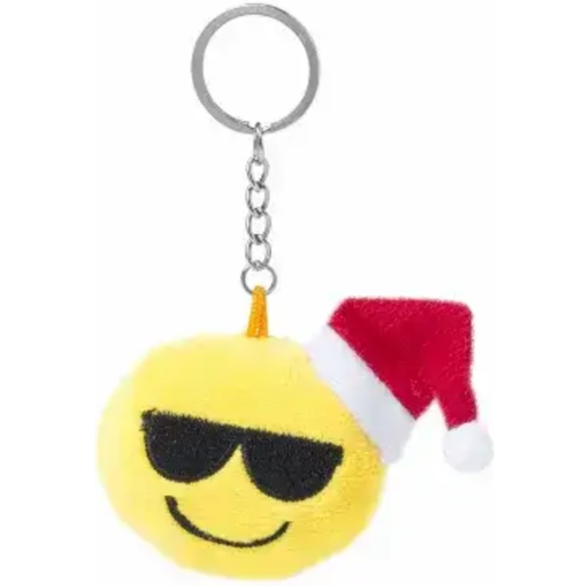 A keyring featuring a yellow smiley face wearing sunglasses and a red Santa hat, attached to a metal chain.