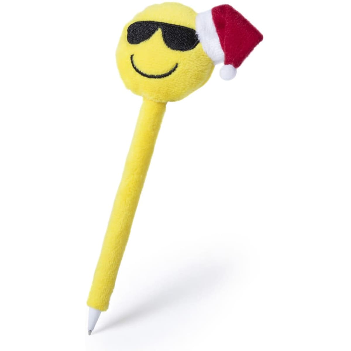 A yellow pen with a smiling emoji head wearing sunglasses and a Santa hat, featuring a soft, plush design.