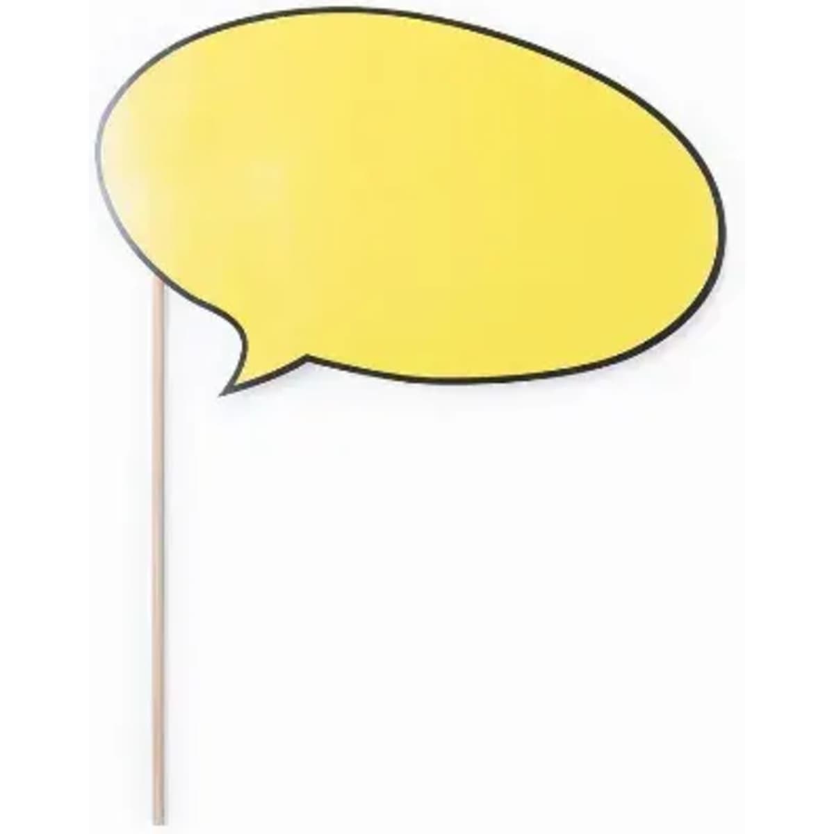 A yellow speech bubble on a stick, featuring a black outline, suitable for events or photo props.