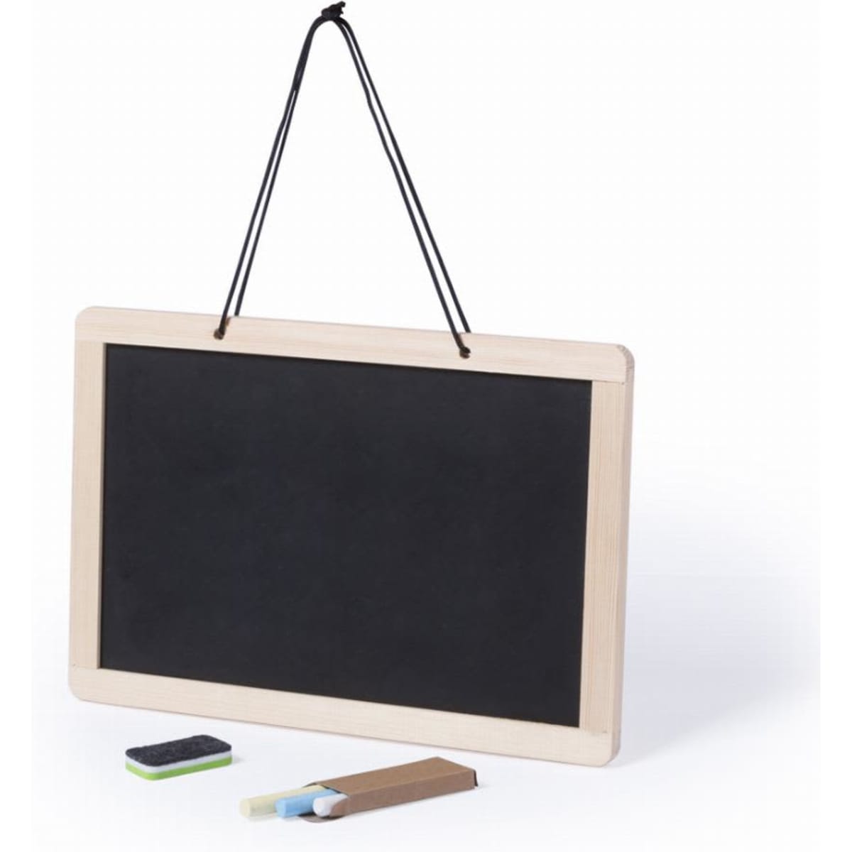 A hanging blackboard with a wooden frame, accompanied by chalk pieces and an eraser in assorted colours.