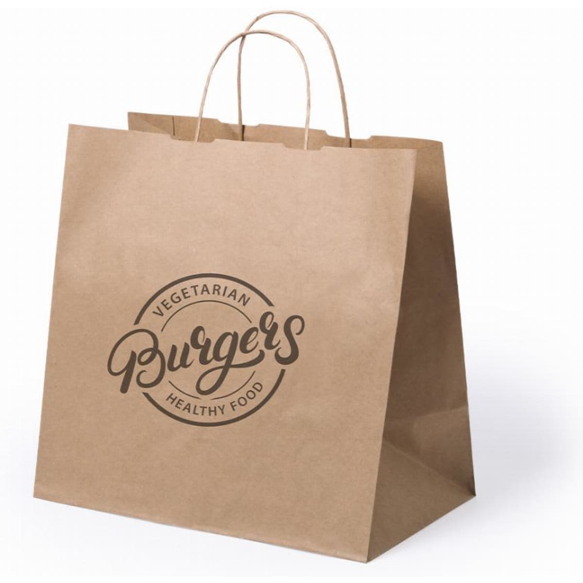 A brown paper takeaway bag featuring a round logo for vegetarian burgers and healthy food.