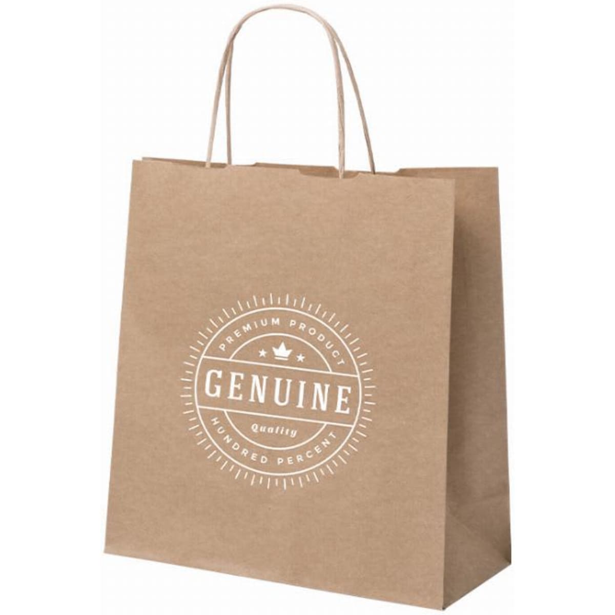 A brown paper shopping bag with a logo and text, featuring sturdy handles for carrying.