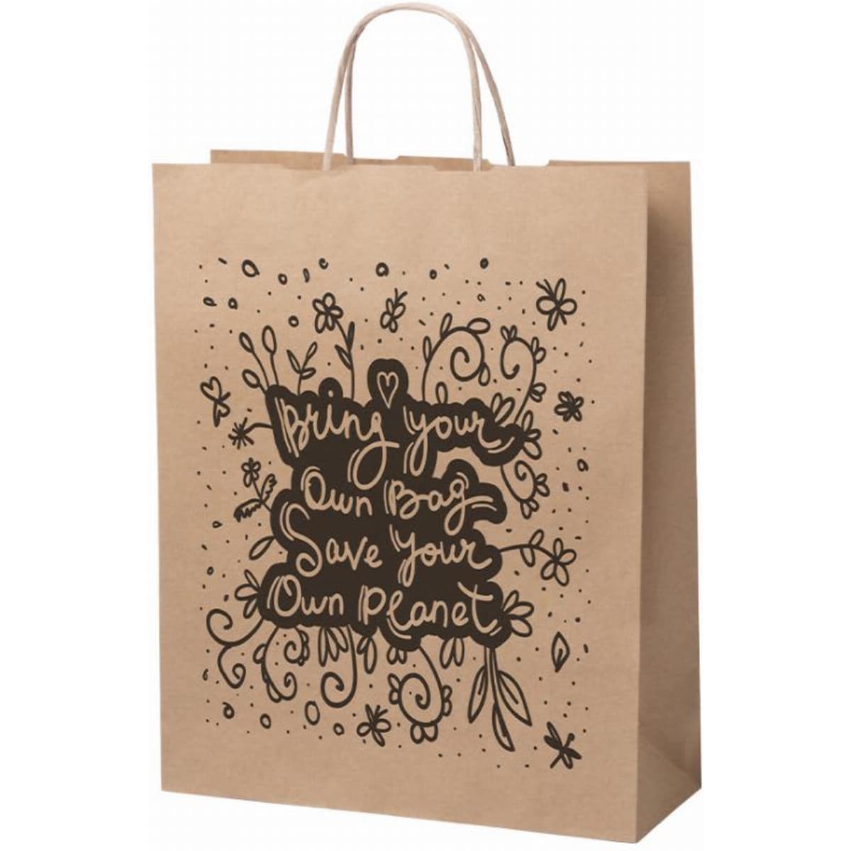 A kraft paper shopping bag featuring hand-drawn black text and floral designs, with sturdy handles.