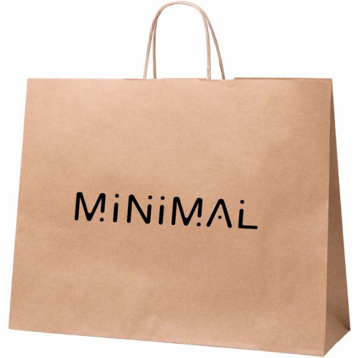 A brown paper shopping bag with handles featuring the word "MINIMAL" in black print.