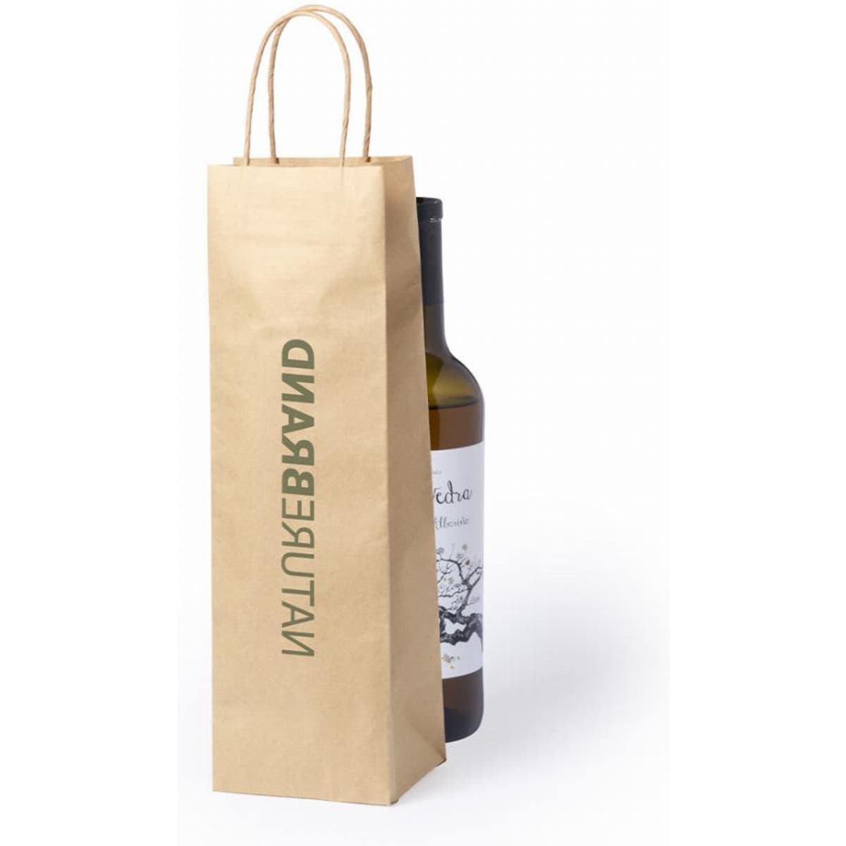A drink bottle in a brown paper bag with a logo, featuring a white label design.