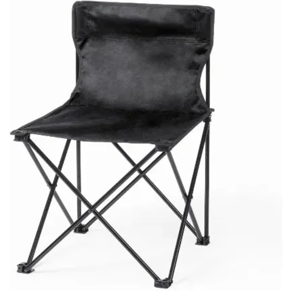 A folding chair with a black fabric seat and black metal frame, featuring an X-shaped base for stability.