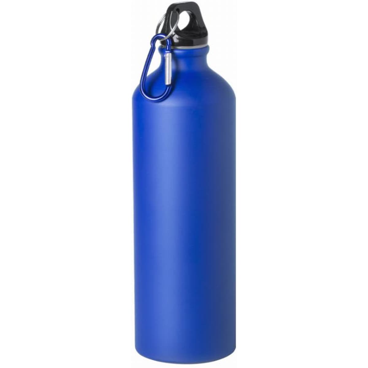 A drink bottle in a matte blue finish with a black cap and an attached carabiner. It features a logo.